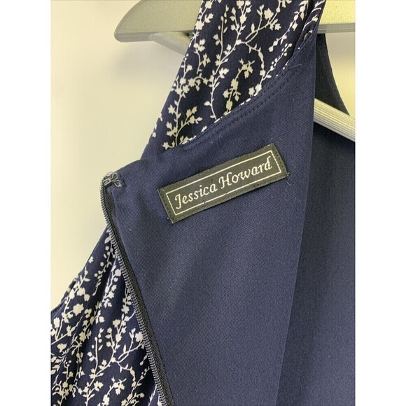 Jessica Howard Navy Blue White Floral Midi Dress Sleeveless Womens XL Fit Flare - Picture 7 of 11